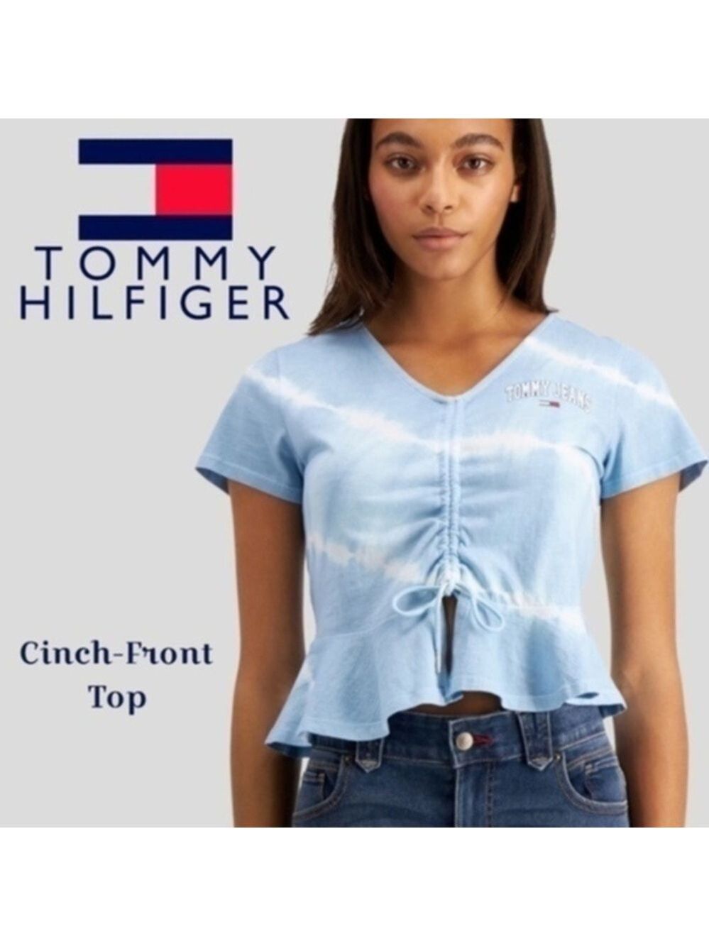 TOMMY JEANS Lt. Blue Tie-Dye Cinch-Front Peplum Hem Cotton Top NWT/XL